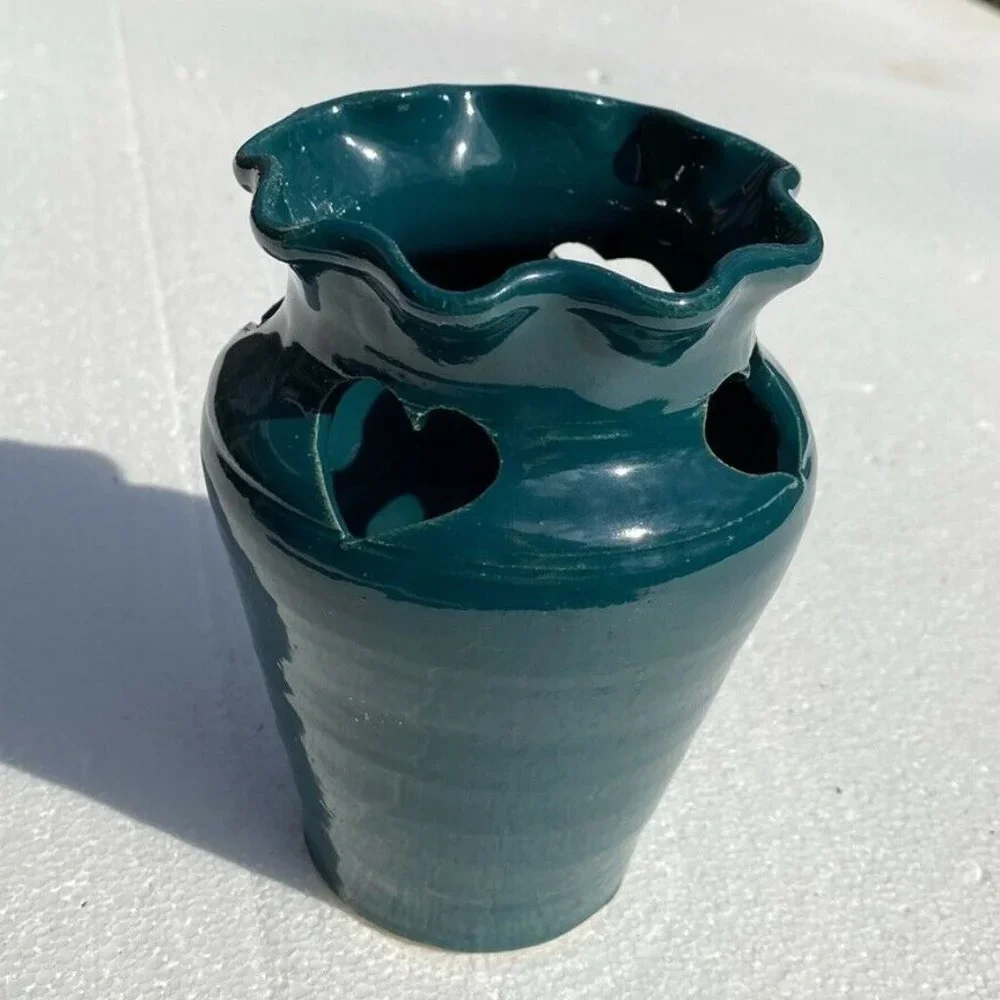 Vintage 90s R&L Studio Pottery Vase Seagrove NC Green Hearts Signed S Richardson